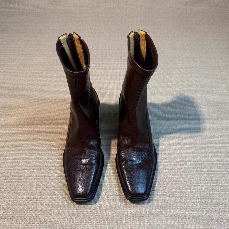 Fashion Feet Women Ankle Boots PU Elegant Ladies Back Zipper Brown Black Low Block Heels Booots Fashion Splicing Square Toe Boots