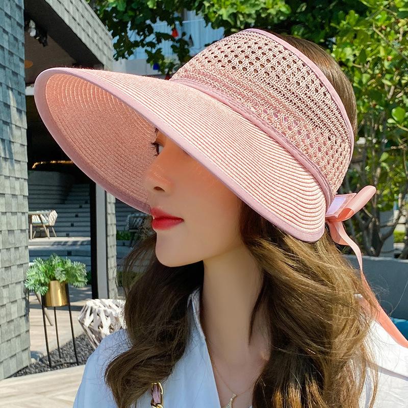 New Summer Women Fodable Straw Hats Fashion Bowknot Sun Hat Hollow Out Beach Caps For Female Visor Empty Top Panama Hat