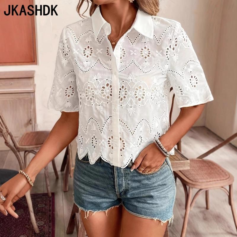 JKASHDK Женские модные повседневные летние и весенние однотонные рубашки-поло с короткими рукавами и принтом, блузки и рубашки