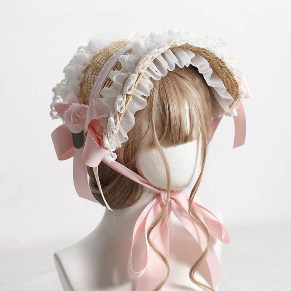 Lace Lolita Bonnet Flat Top Bow Ribbon Flower Cap Elegant Lolita Straw Hat  Lolita Accessories