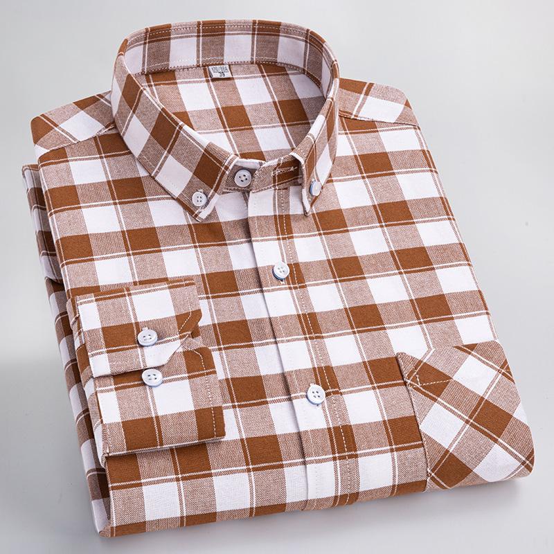 Мужские повседневные клетчатые рубашки из чистого хлопка Оксфорд с длинным рукавом и воротником на пуговицах