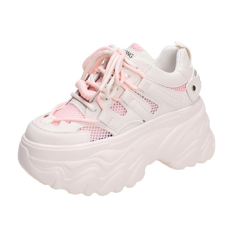 Popular 2025 Spring New Thick-soled Muffin, Inner Height Increase Mesh Breathable Little White Shoes, Versatile Casual Dad Shoes