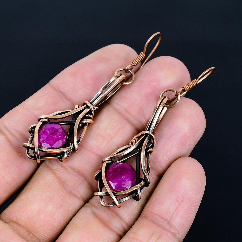 Ruby Earrings Gemstone Jewelry,  999 Copper Wire Wrapped Handmade Earrings, Latest Design Jewelry