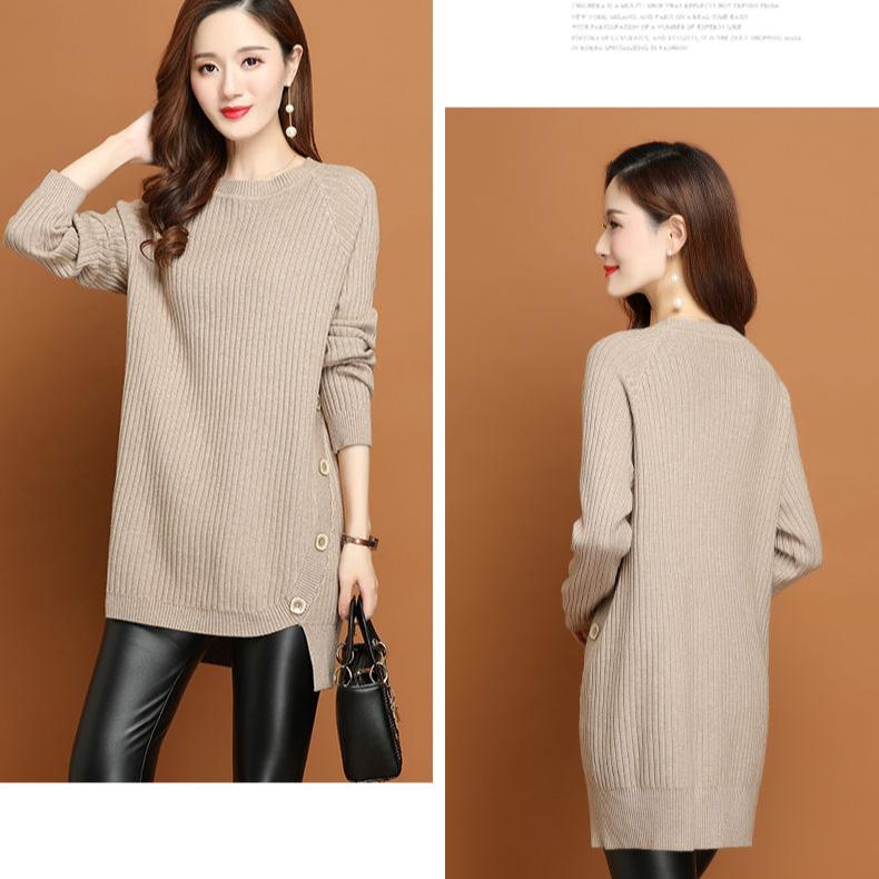 Women's Crew Neck Sweater Autumn Winter Loose Midi Pullover Knitwear Simple Irregular Hem Thick Knit Top Solid Color Stretch Jumper
