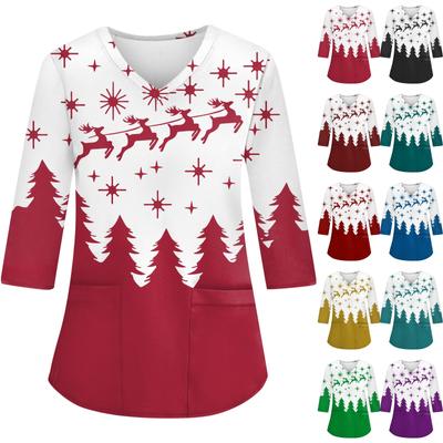 Женский повседневный рождественский свободный V-образный вырез с карманом и принтом, рукава три четверти