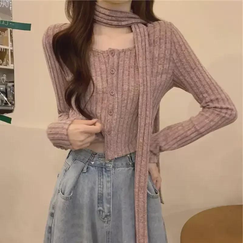 Короткий кардиган французской вязки: Утягивающий, модный длинный рукав с шарфом и квадратным воротником