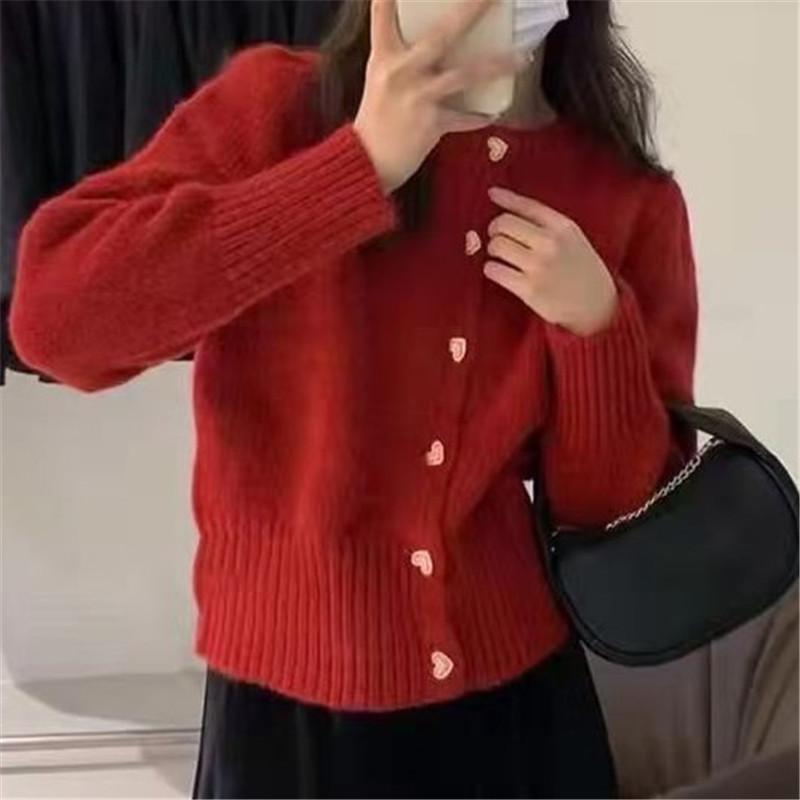 Осенний кардиган нежной вязки для женщин с пуговицами в виде сердечек, короткий, свободный, с длинными рукавами, куртка-свитер, модный, универсальный, на каждый день