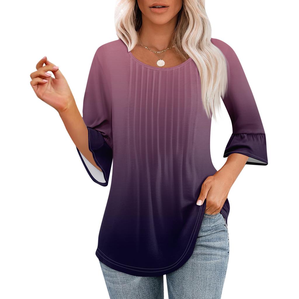 Women's 3/4 Bell Sleeve Tops O-Neck Summer Pleated Shirts Trendy Dressy Casual Loose Fit Tunic Blouses