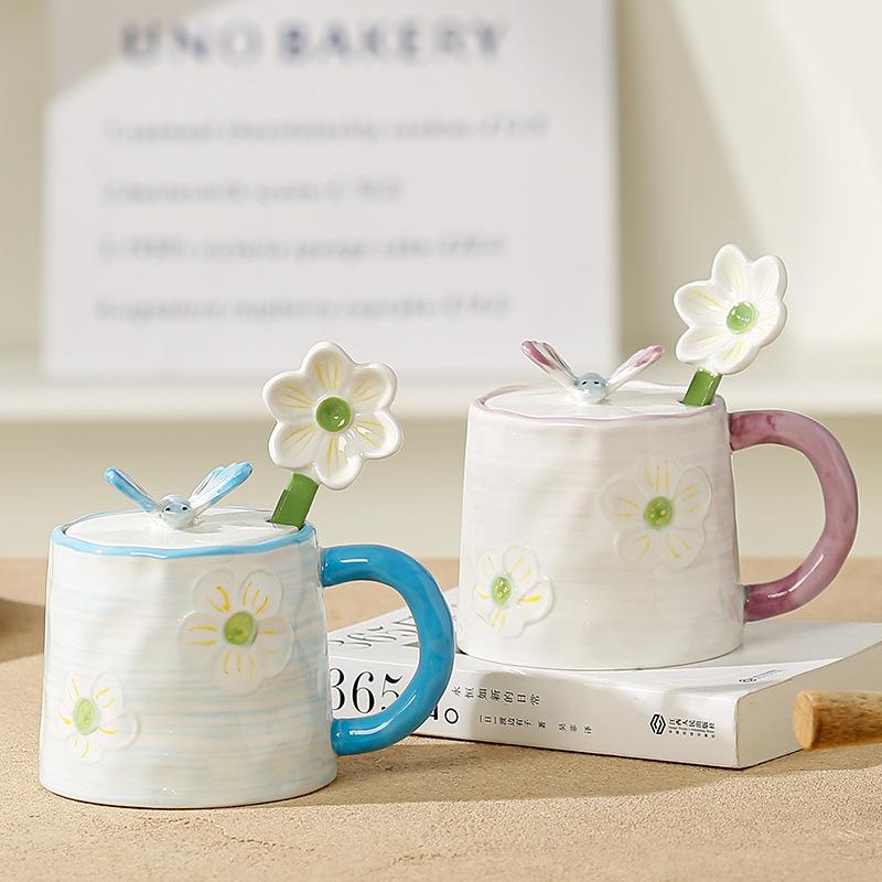 Домашний костюм, милая девушка с крышкой, ложка, маленький цветок, керамическая чашка, кружка в пасторальном стиле, высококачественная кружка для воды, офис
