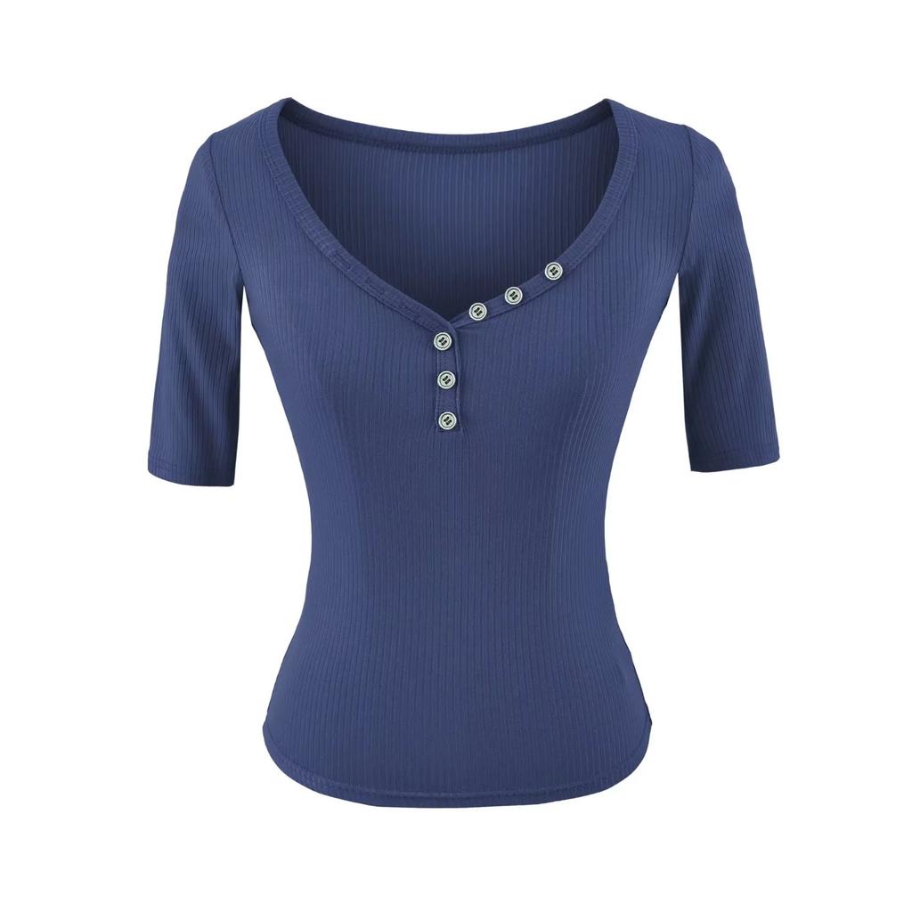 Button V-neck medium-sleeved T-shirt women's summer new American Spice Girl slim and thin short pullover bottoming top