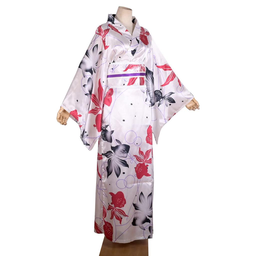 Kimono Costume with Sakura Floral Print Geisha Yukata Long Robe Fancy Dress Asian Japanese Yukata Sleepwear with Obi and Belt L15 Women's (M, - White)