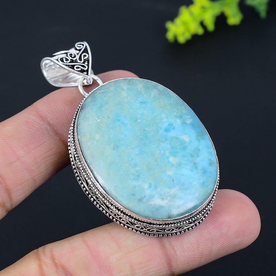 Natural Caribbean Larimar Gemstone 925 Sterling Silver Pendant 2.40" T8r78