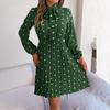 Autumn Winter Women's High Waist Pleated Dress Long Sleeve Lace Up Dot Temperament