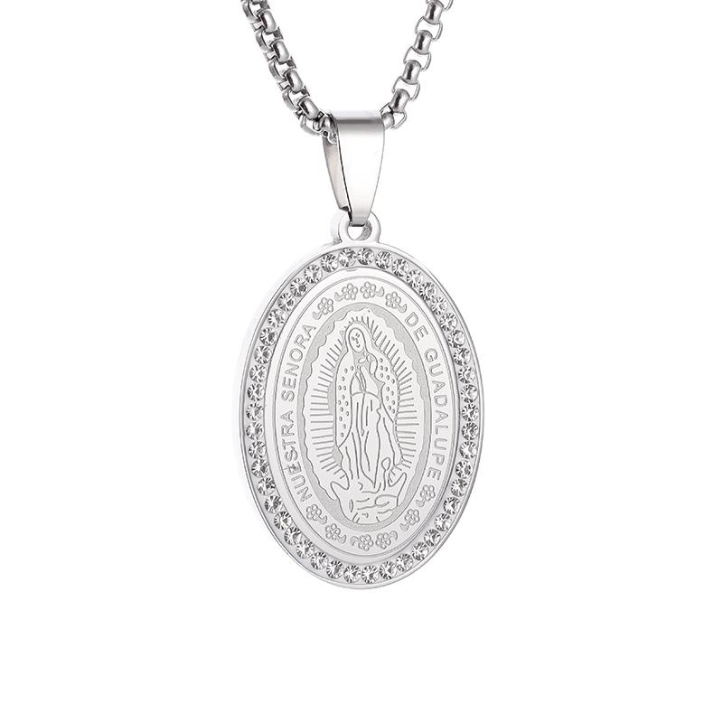 Virgin Mary Medal Pendant Stainless Steel Inlaid Zircon Necklace for Men Women Church Wear Prayer Jewelry Gift