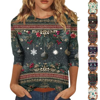 Женские топы Рубашка с рукавом три четверти V-образный вырез Свободная повседневная рубашка Футболка с принтом