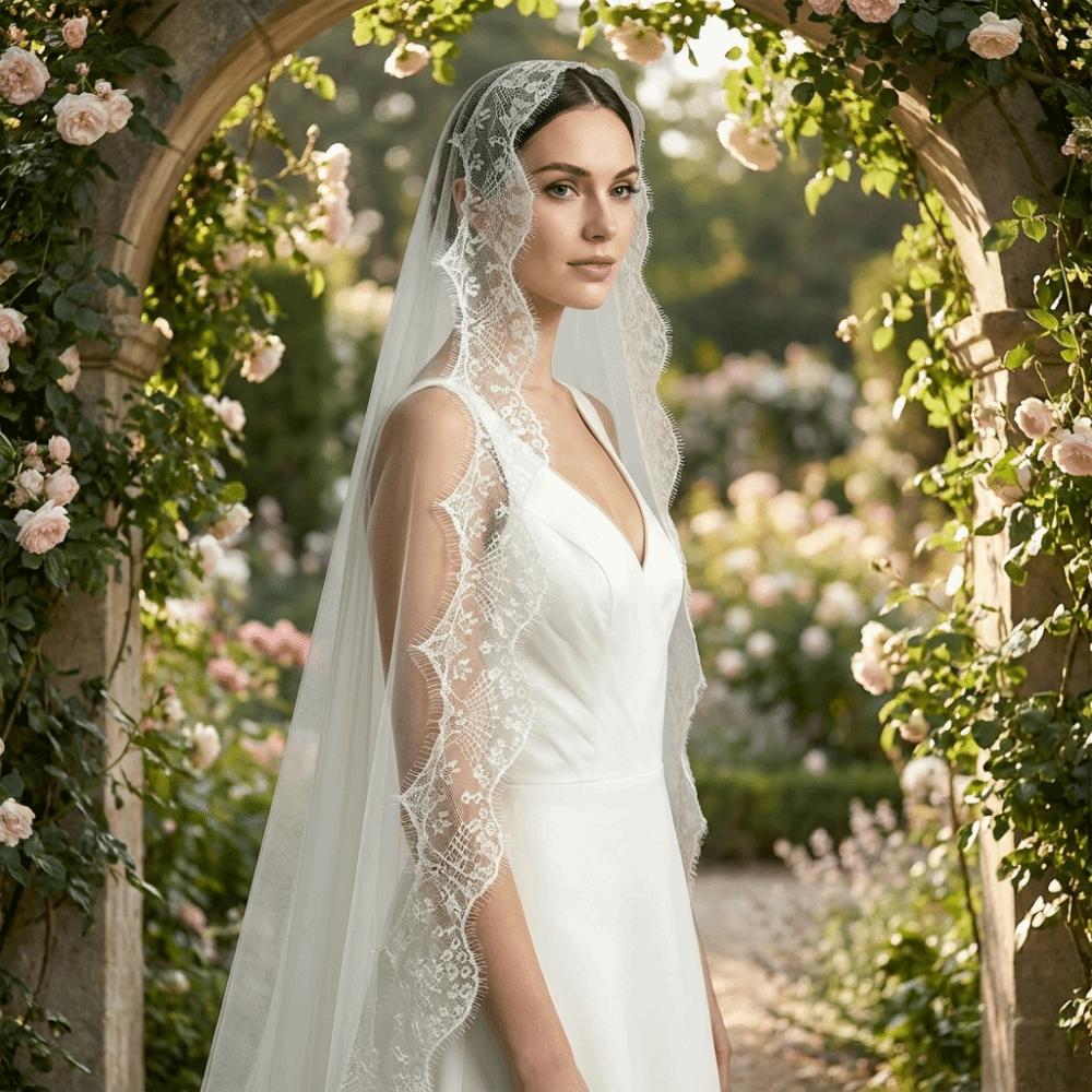 2M Long Bridal Headscarf Lace Edge Muslin Head Covering Elegant Wedding Veil  Cathedral Wedding