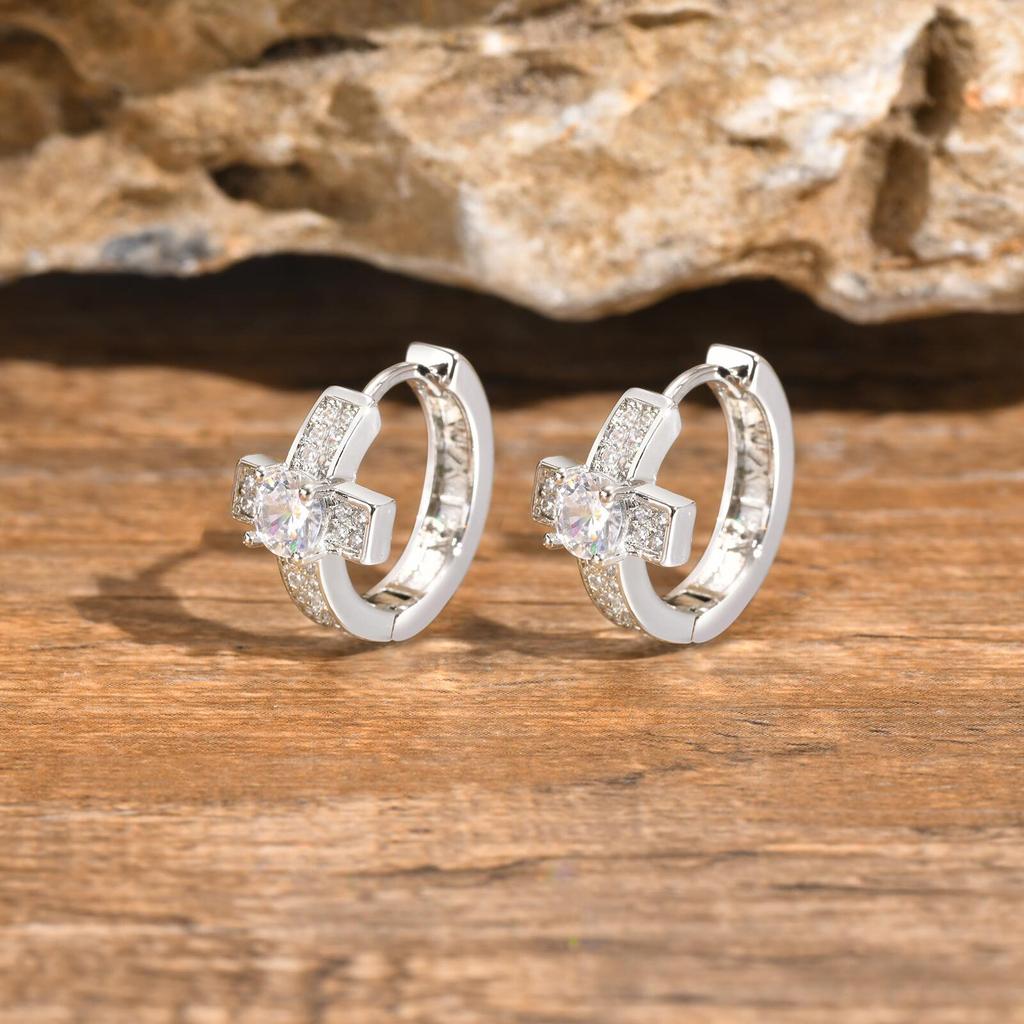 Cross Hoop Earrings for Men Boys,Hip Hop Big Zircon Huggies Earrings,Cool Rap Trendy Jewelry Gifts