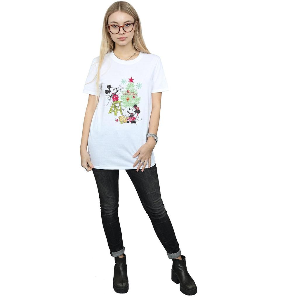 Disney Womens/Ladies Mickey And Minnie Christmas Tree Cotton Boyfriend T-Shirt