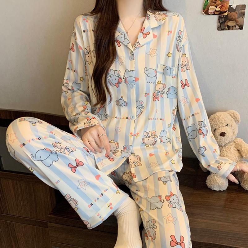 Japanese sweet two-dimensional girl style ins imitation cotton pajamas casual loungewear long sleeves trousers two-piece set