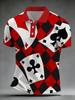 Plus Size Men's Short Sleeve Polo T-Shirt with Poker Style Pattern, Casual Lapel Tee with Enlarged Playing Card Elements, Printed Outdoor Shirt for