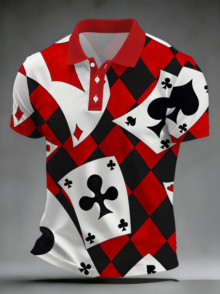 Plus Size Men's Short Sleeve Polo T-Shirt with Poker Style Pattern, Casual Lapel Tee with Enlarged Playing Card Elements, Printed Outdoor Shirt for