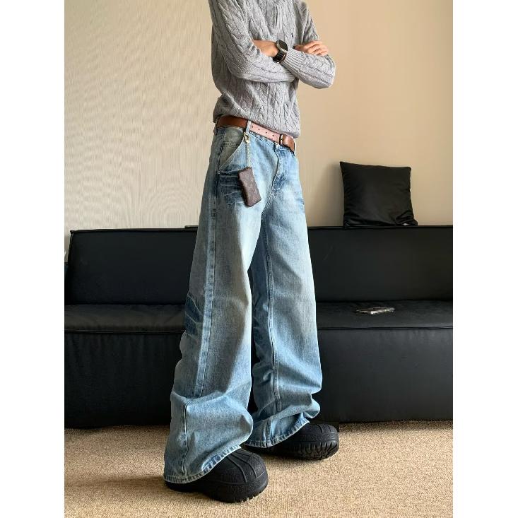 Осень и зима Новые американские джинсы High Street Washed Light Color для мужчин и женщин Прямые слегка расклешенные свободные широкие брюки