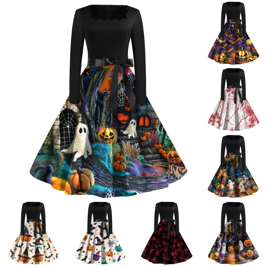 Женское повседневное модное платье винтажного стиля с квадратным вырезом и принтом на Хэллоуин