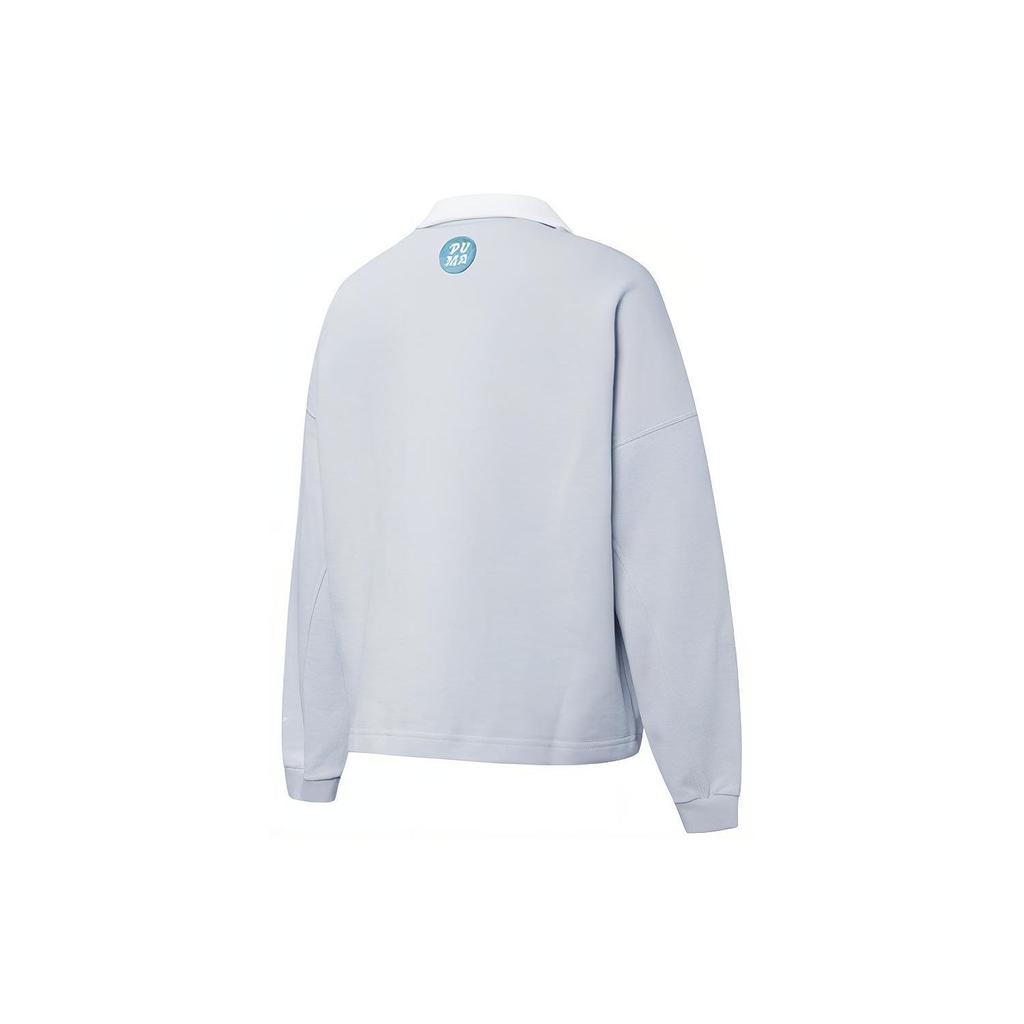 Puma Logo Print Color Block Long Sleeve Polo Shirt Women Tops Ice-Blue 536093-21