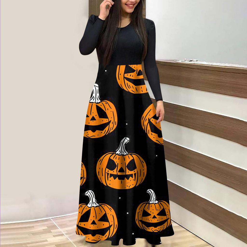 Женское модное повседневное платье макси с круглым вырезом и длинными рукавами