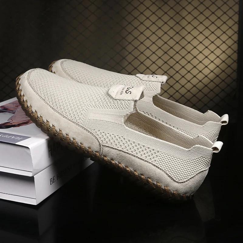 Модные дышащие прогулочные мужские туфли, дышащие мужские летние сетчатые легкие повседневные мокасины, мужская обувь для активного отдыха, нескользящие мужские туфли на плоской подошве
