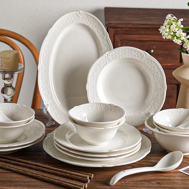 Рельефная керамическая тарелка во французском стиле, легкая, для ресторана класса люкс, классические белые тарелки для стейков, изысканная круглая домашняя посуда