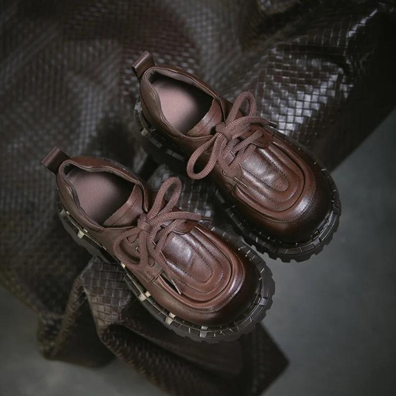 Johnature Женские туфли-лодочки на толстой подошве с круглым носком и шнуровкой в британском стиле, из натуральной кожи, универсальные, на высоком каблуке