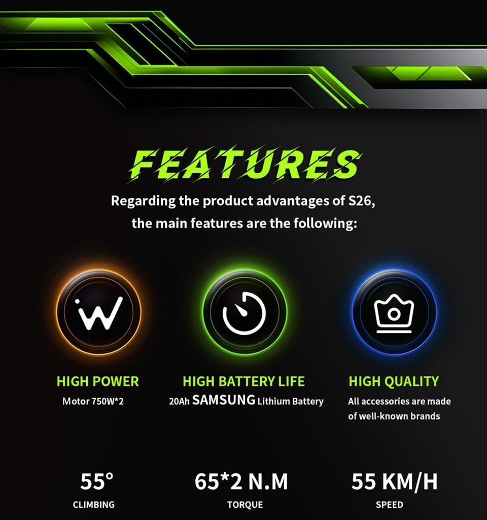 DUOTTS N26 Electric Bike, 750W*2 Motors, 55km/h Max Speed, 26*4.0' Inflatable Tires, 48V 20Ah Samsung Battery, 120-150km Range, Shimano 7-Speed