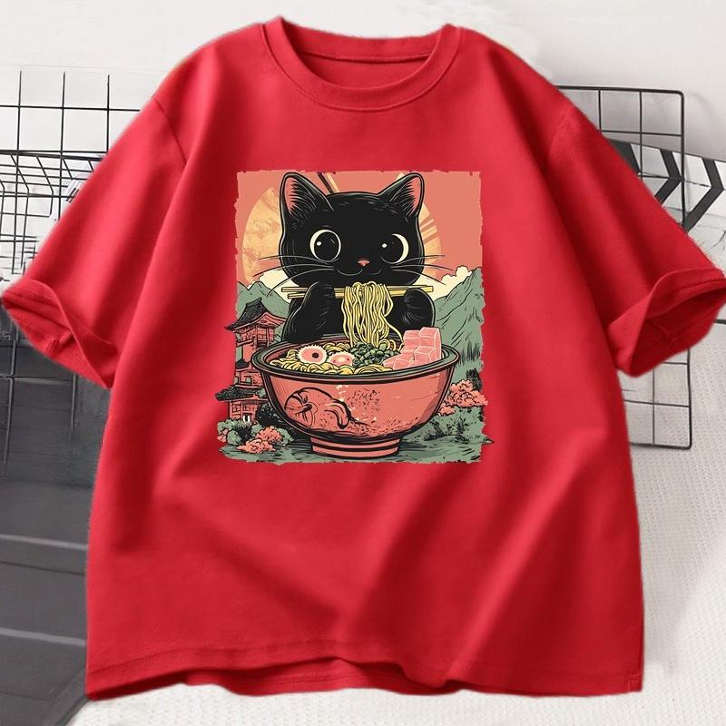 Cute Black Cat Eating RaUnisex TShirt Unisex WOMEN Adorable Graphic Tee Shirt Foodie and Cat Lover Tshirt Animal Printed Tees Top