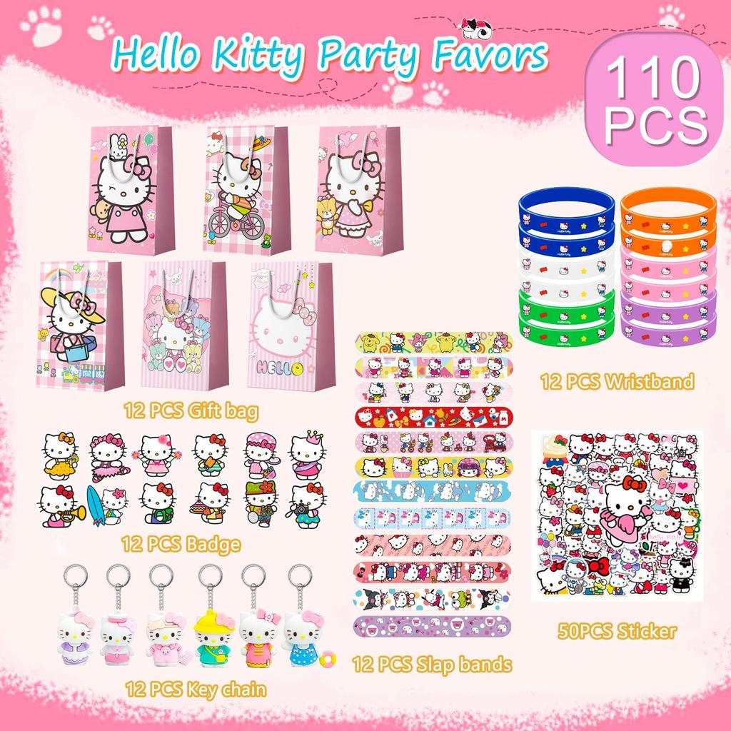 110pcs All-in-One Kitty Birthday Party Favors Set - Kitty Party Favor Bags, Stickers, Bracelets etc Kitty Party Favors for Party Supplies