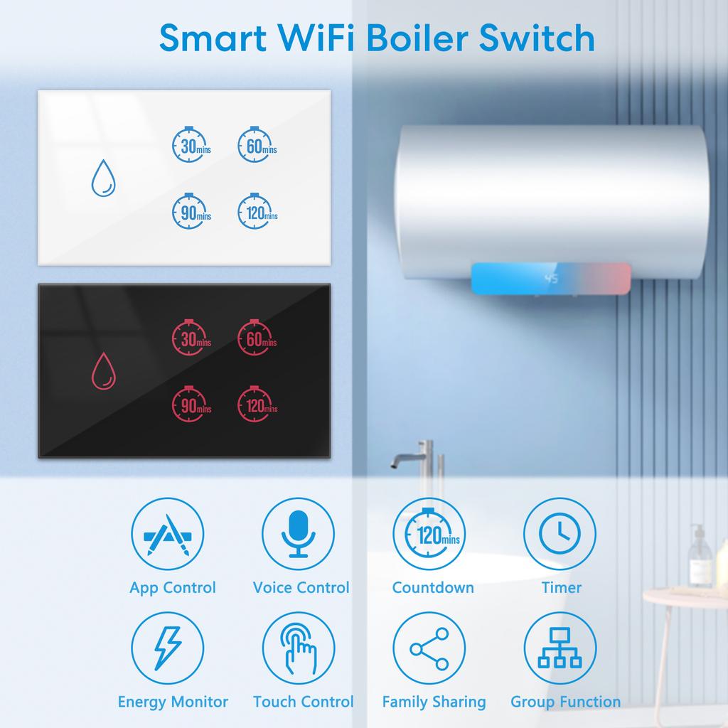 Tuya Smart Life 20A Boiler Water Heater Switch Touch Panel Control Timer Countdown Energy Monitoring Work with Google Home Alexa