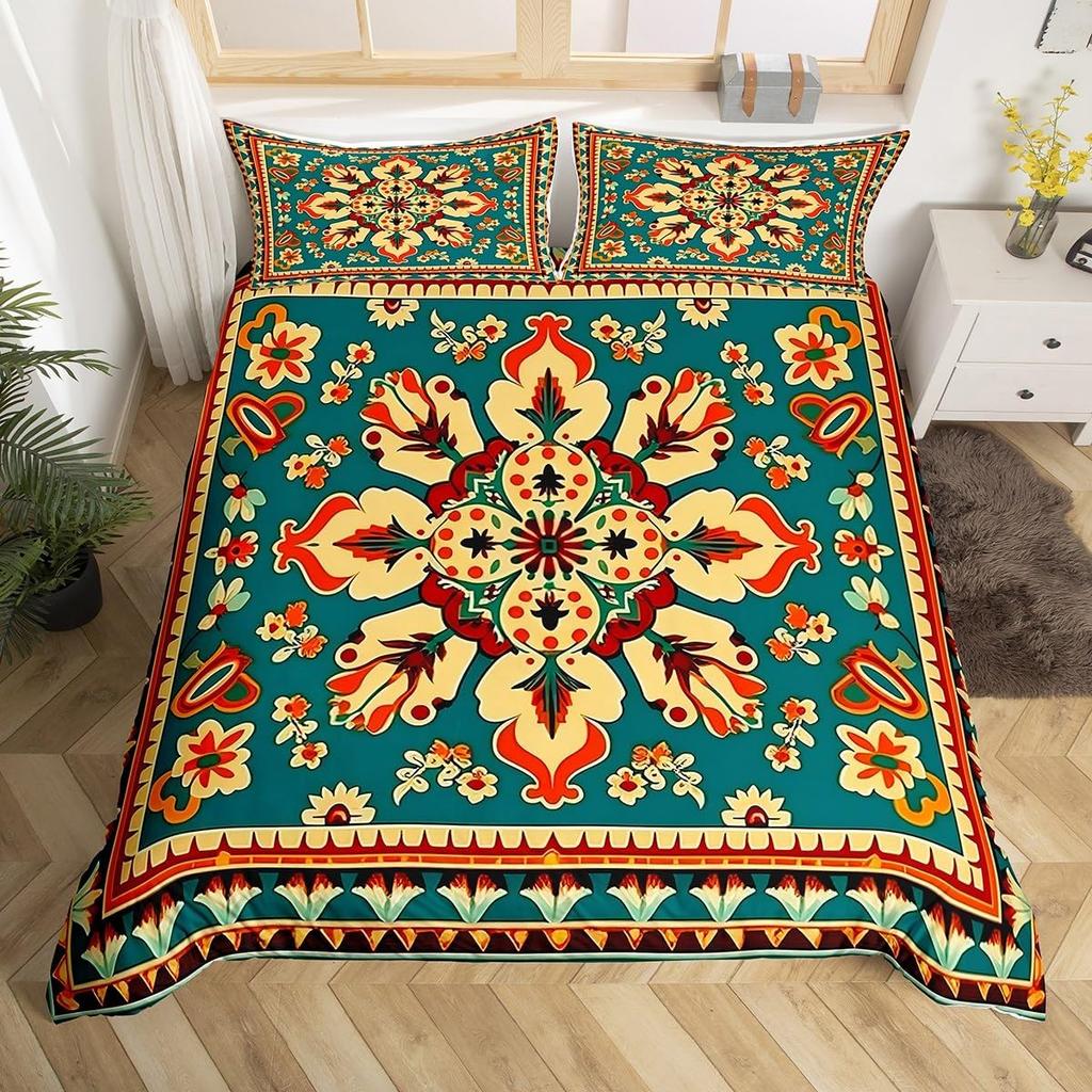 Винтажный цветочный значок Пододеяльник Размер Queen King Комплект постельного белья Мандала Богемный Пейсли Наволочка Легкий Мягкий Комплект из 3 предметов