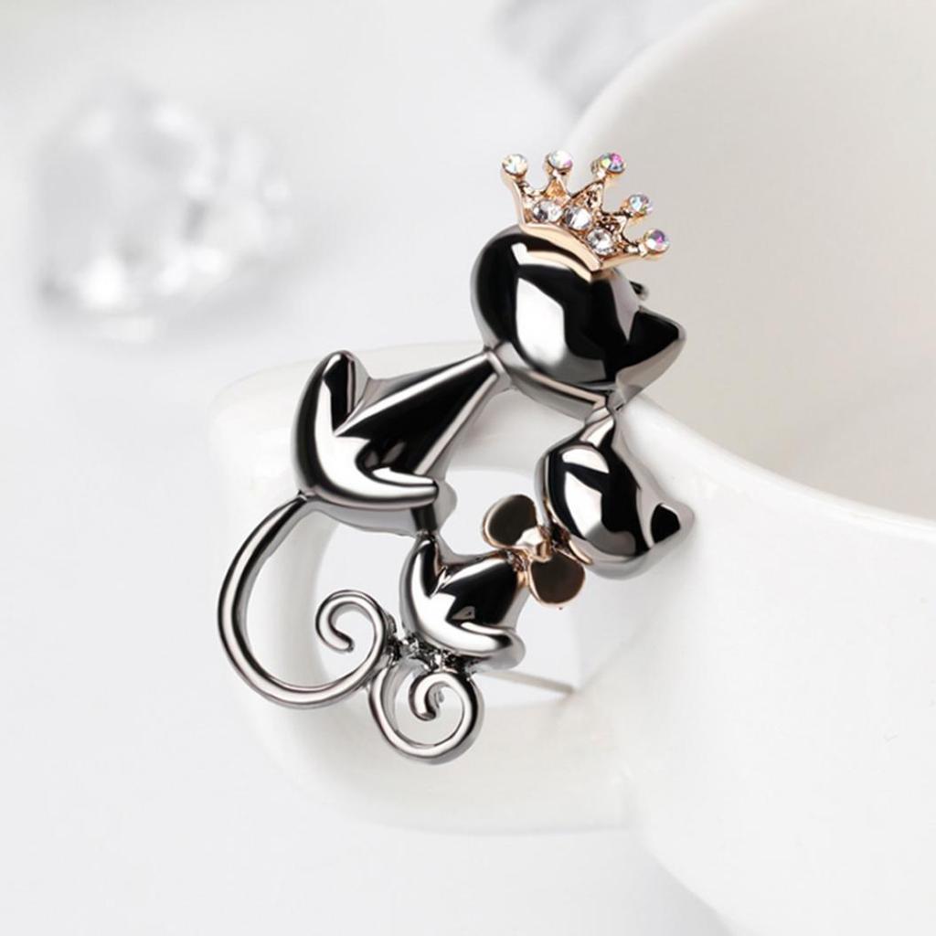 Fashion Jewelry Shiny Rhinestone Cute Double Cats Kitten Crown Brooch Pin Gift ARI