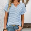 Ladies Summer Short Sleeve V Neck Striped Pullover T Shirt Top