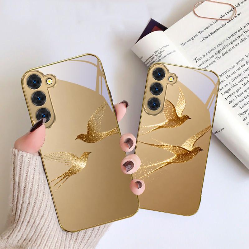 golden flying bird For Samsung Galaxy S26 S20 FE S21 S22 S23 Plus S24 Ultra S25Ultra S21+  S22Plus Golden glass phone case