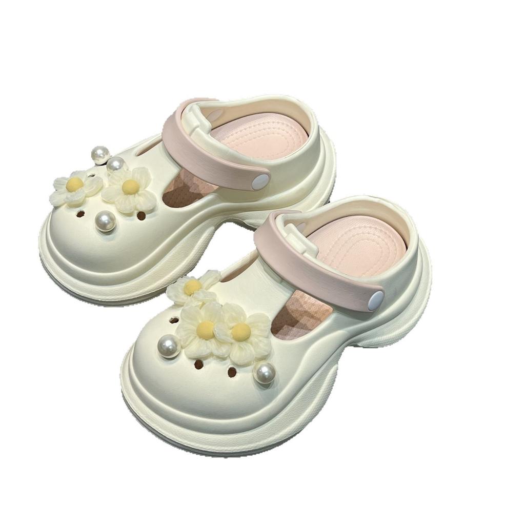 Small Yellow Flower Pearl Hole Shoes Women's Summer New Breathable Comfortable Heightening Thick-soled Outer Bag Head Slippers