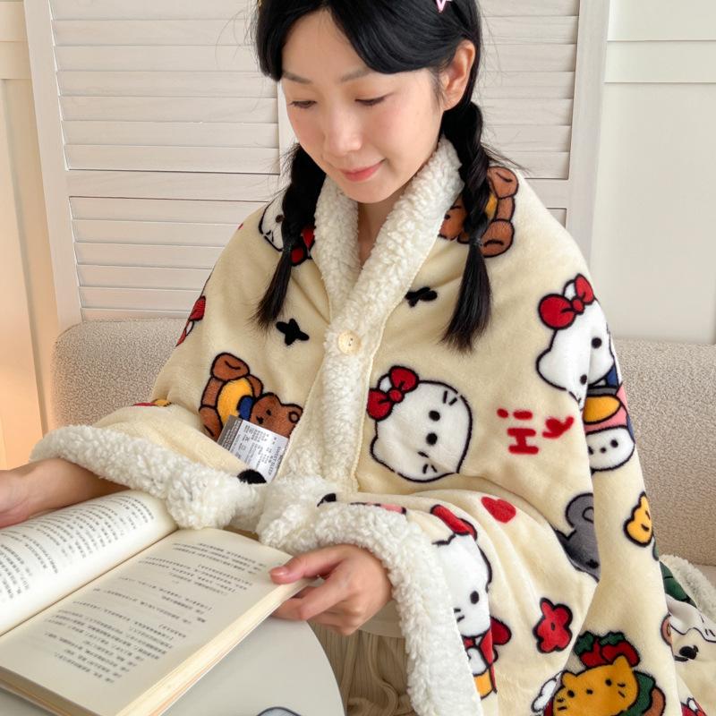 2026 Winter Thickened Milk Fleece Blanket Soft Warm Wearable Shawl Blanket with Buttons Cute Animal Plush Lap Blanket for Office Home Travel