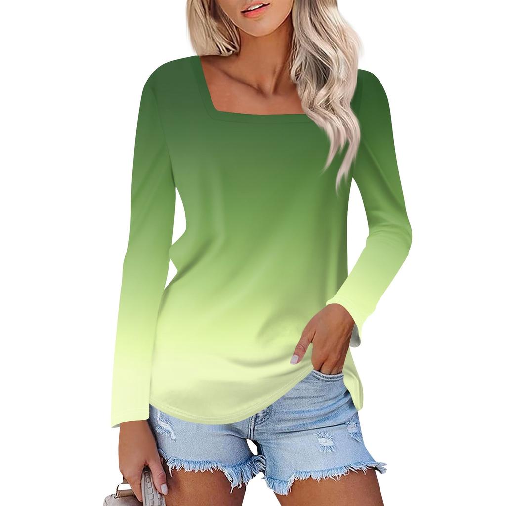 Рубашка для женщин, модная повседневная свободная футболка с квадратным вырезом и длинным рукавом с принтом, женский топ