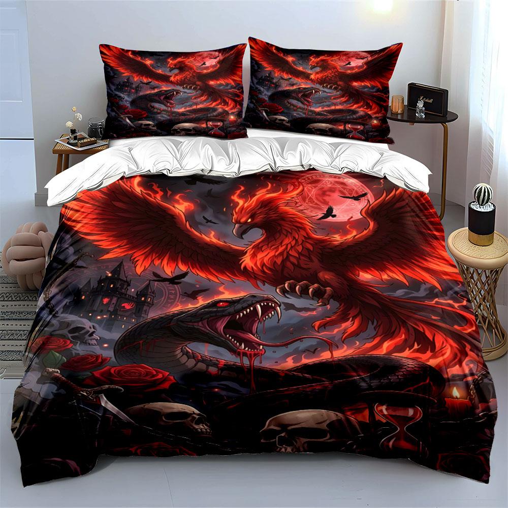 Fiery Phoenix and Serpent Design Bedding Duvet Cover Set (1*Duvet Cover 2*Pillowcases, without duvet insert)
