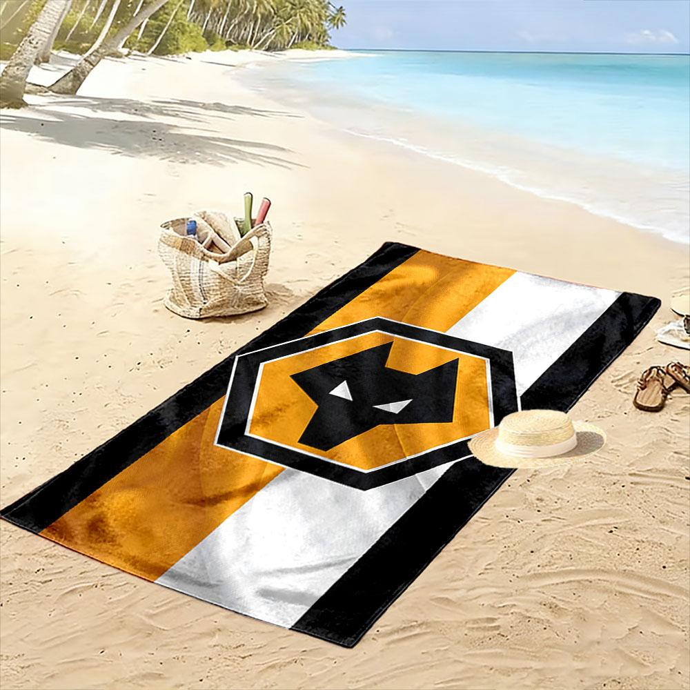Wolf Logo on Black, White, and Yellow Stripes Patterned beach towel quick dry perfect for travel outdoor sports jogging the beach and swimming