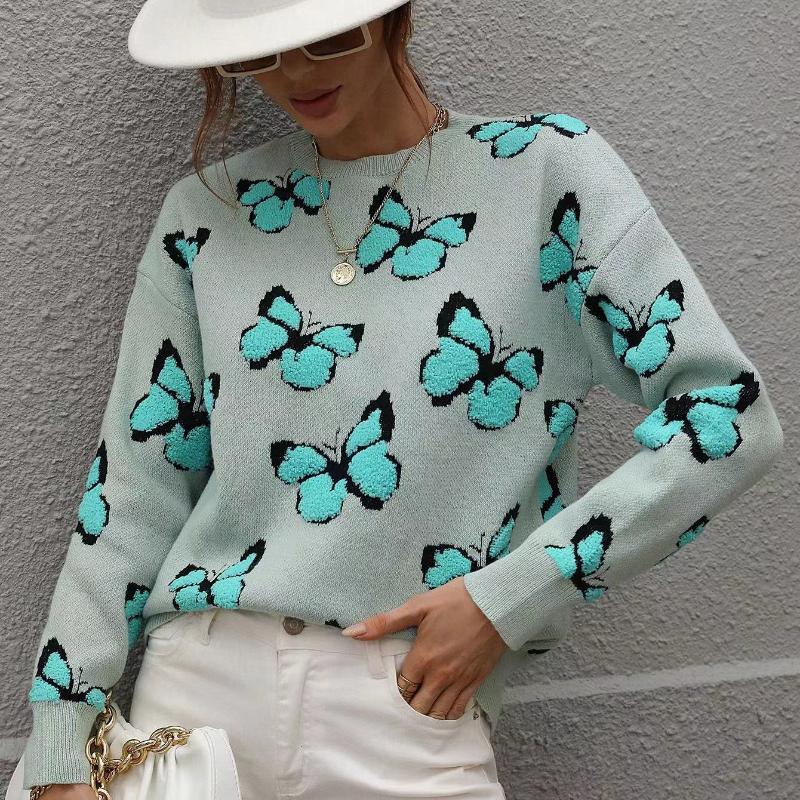 IHUASU Winter Printed Butterfly O-Neck Women's Loose Plus Size Knitwear Pullover Sweater