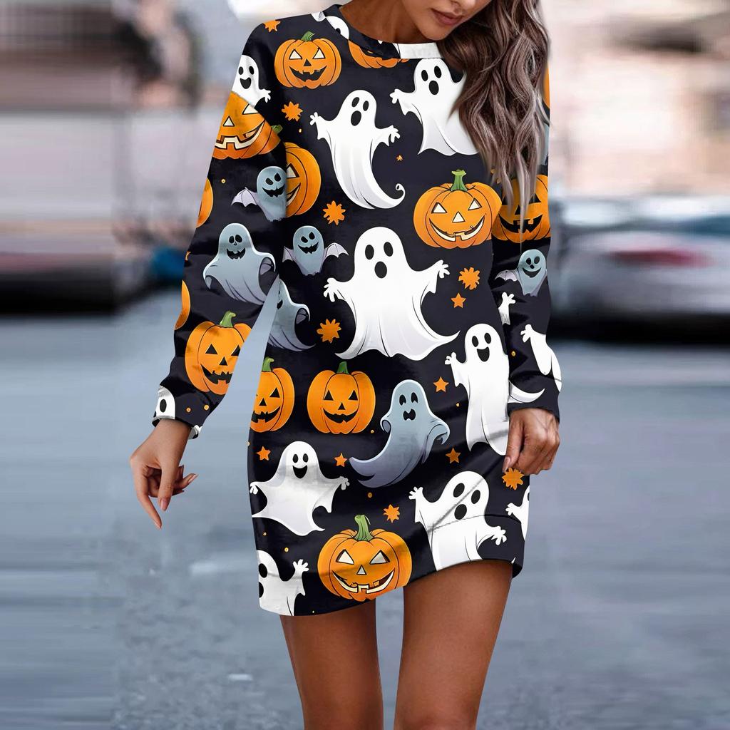 Women's Round Neck Halloween Printed Long Sleeve Hip Dress Sweatshirt Dresses