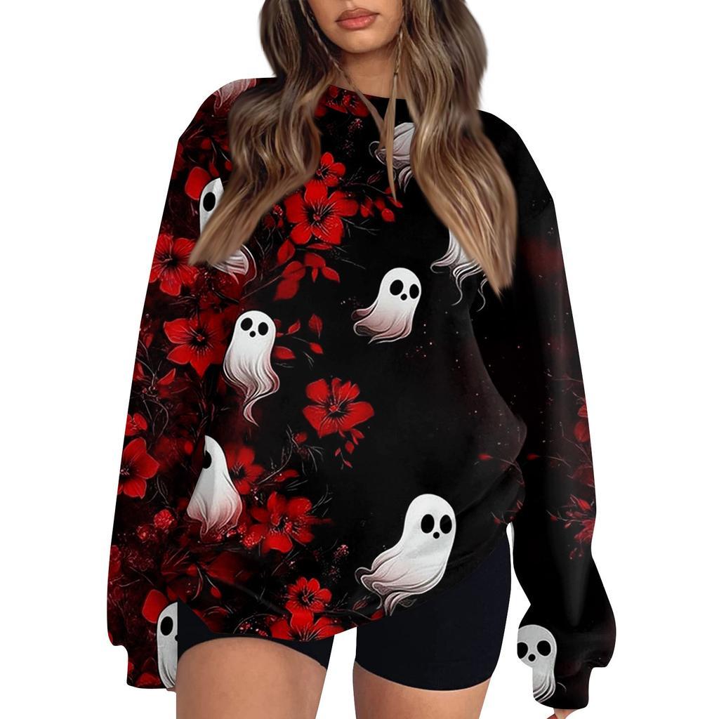 Женский модный повседневный свитшот с длинным рукавом и принтом на Хэллоуин