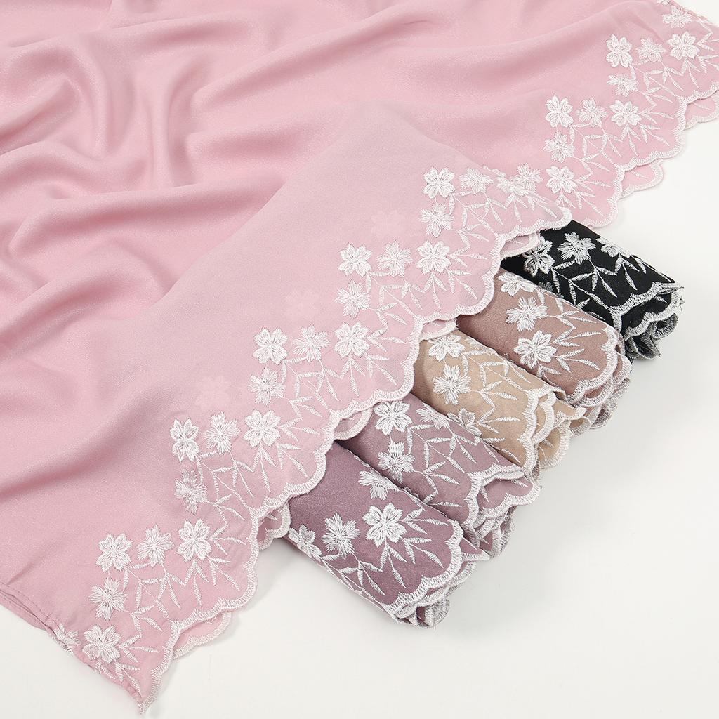 Solid Color Chiffon Embroidery Hijab - Ruffled Edge Long Scarf Islam Hijabs Women's Turbans Head Wrap Lightweight Scarf