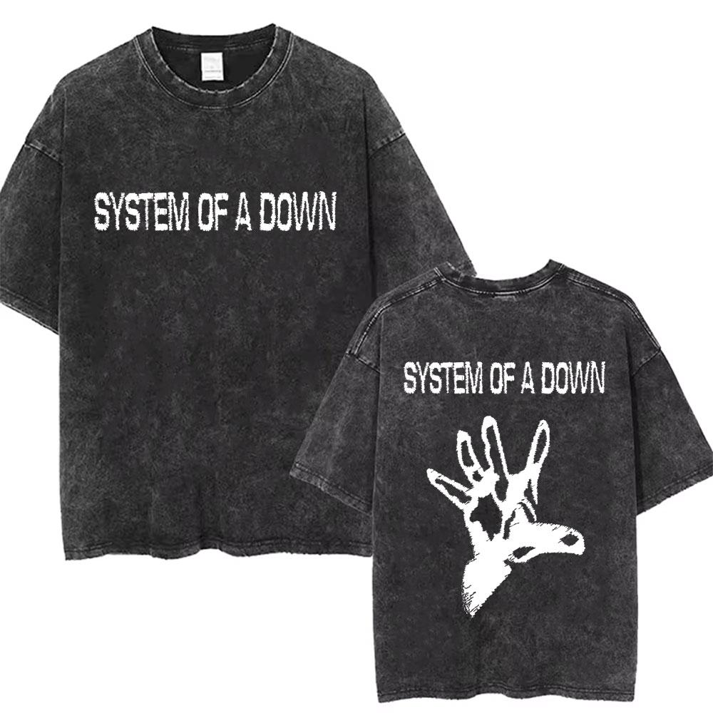 Washed Vintage System of A Down Tshirt Men Women Cotton Quality Short Sleeve Tees Male Rock Music Band Cartoon Graphic T Shirts